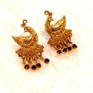 Vintage AVON 90's Peacock Goldtone Earrings with Purple Crystal Dangles